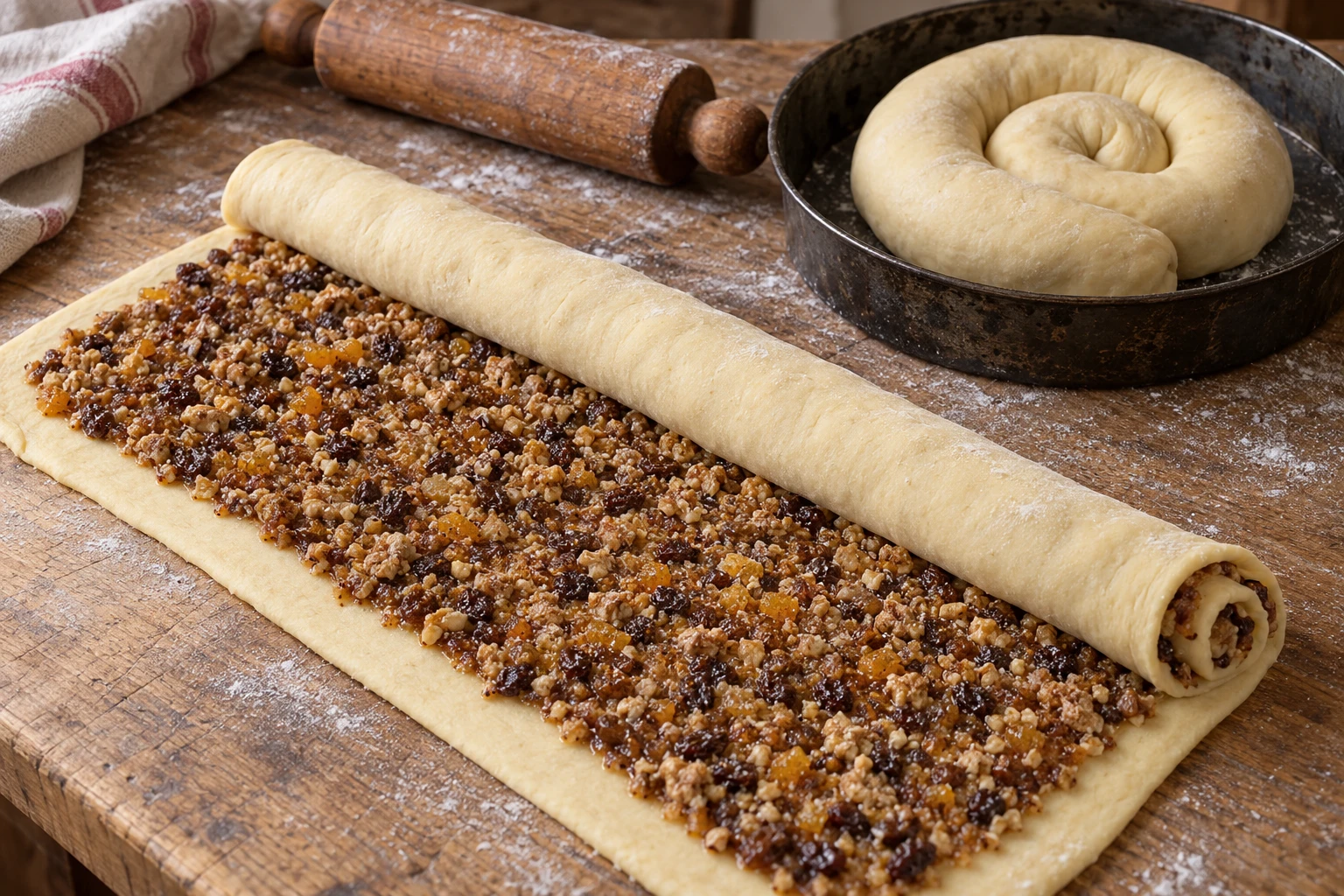 A nut-and-raisin-filled yeast sheet partly rolled into a log, with a swollen raw gubana coil in a tin behind it.