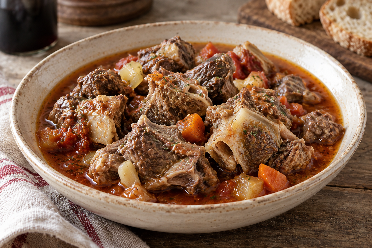 Pecora alla callara with bone-in meat and vegetables in reddish cooking juices.