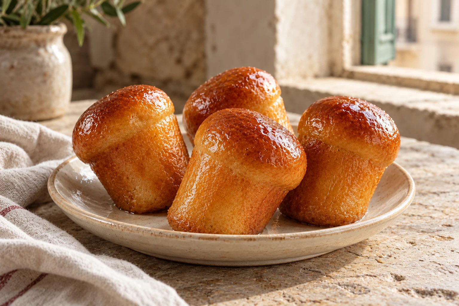 Golden rum-soaked babà with apricot glaze on a ceramic plate.