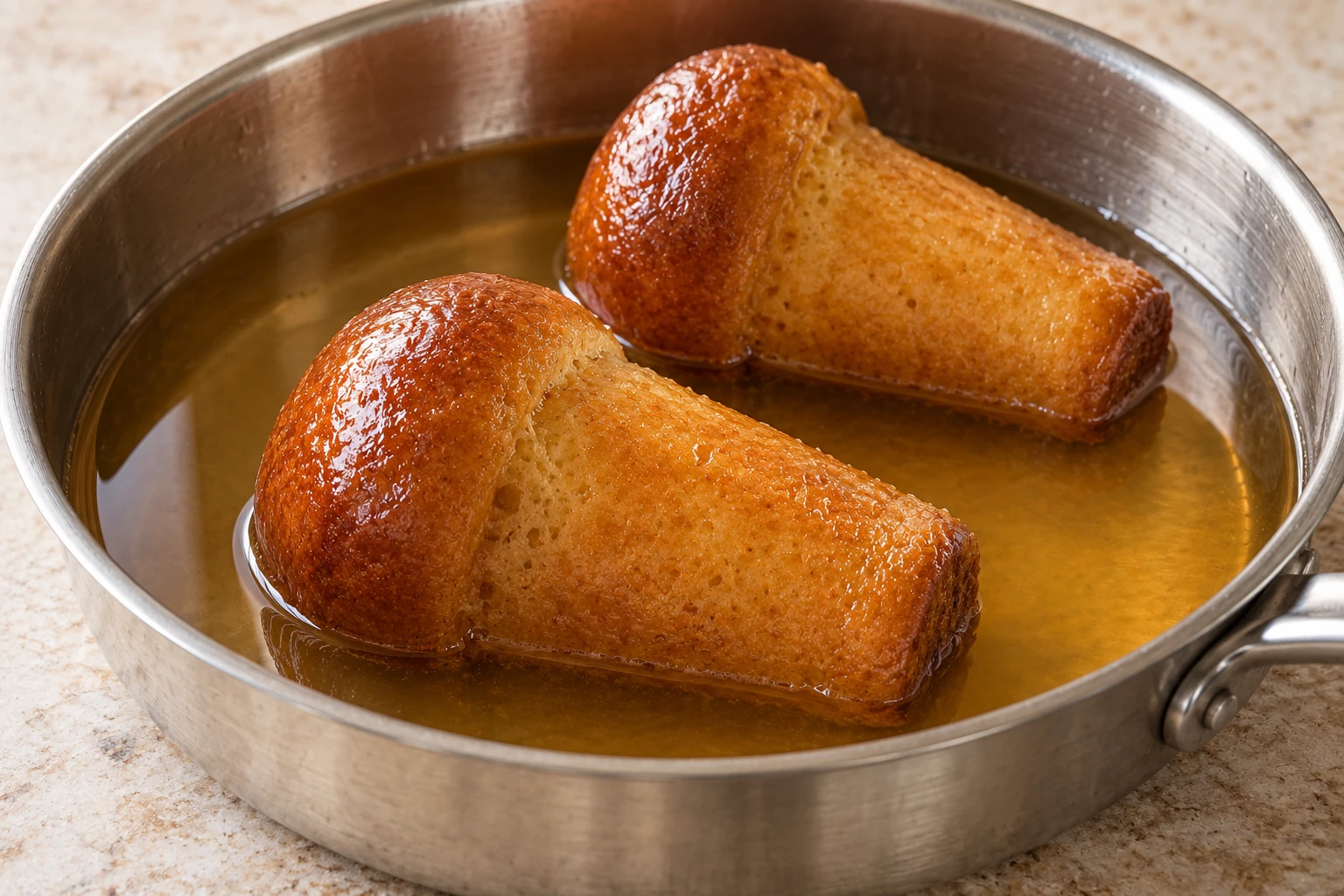 Two individual babà partly immersed in amber syrup in a metal pan.