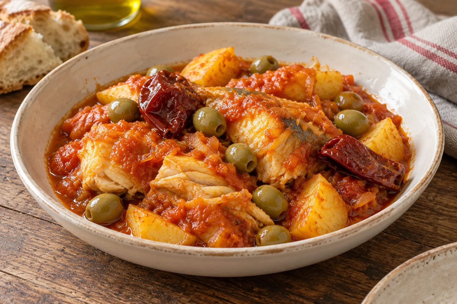 Cooked stockfish with potatoes and dried red peppers in tomato sauce.