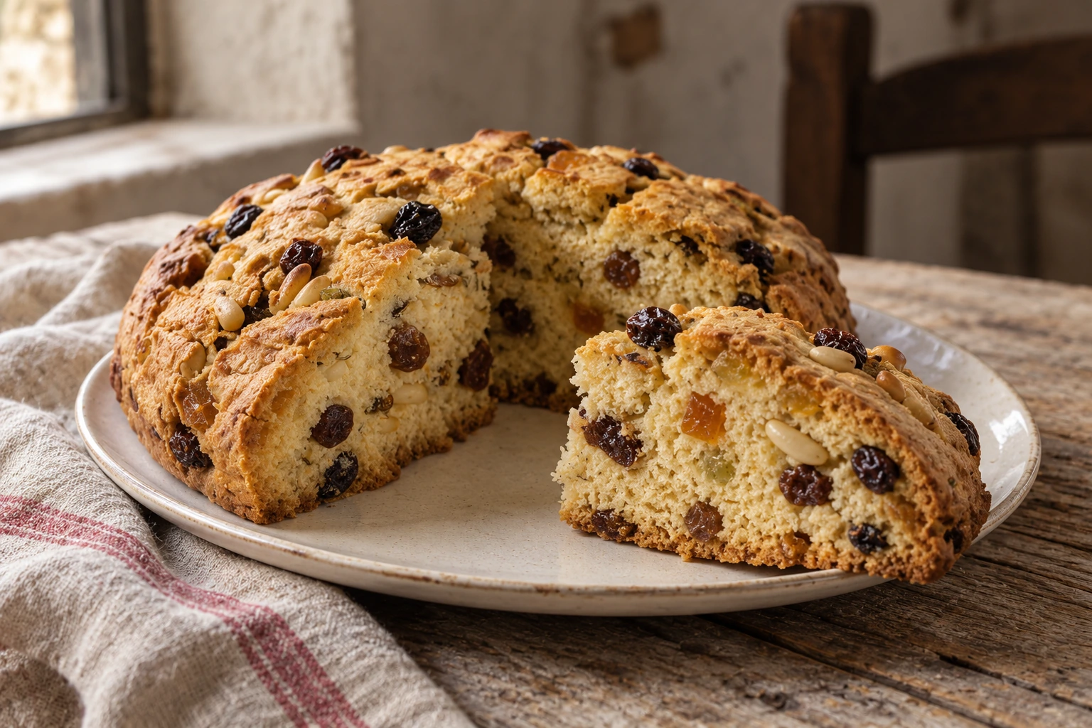Low Genoese pandolce with raisins, pine nuts and candied citrus