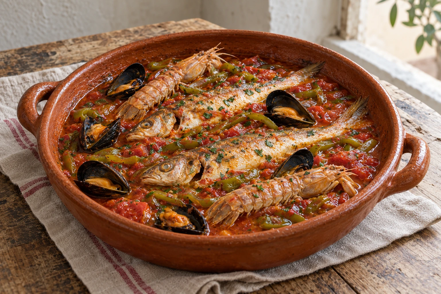 Whole fish, mantis shrimp and mussels in brodetto alla vastese with tomatoes and green pepper.
