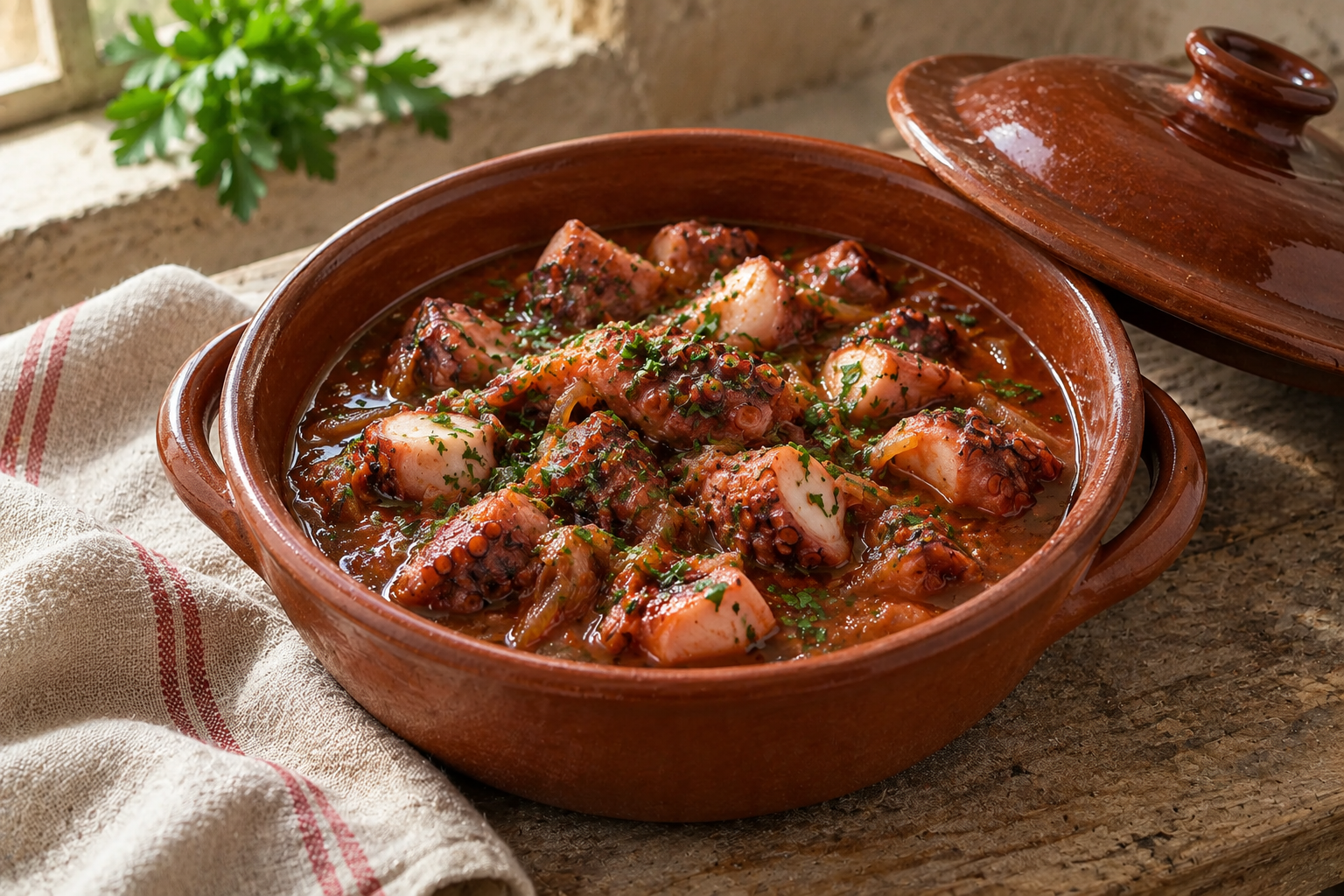 Short pieces of octopus with visible suckers in tomato juices inside an earthenware pot.