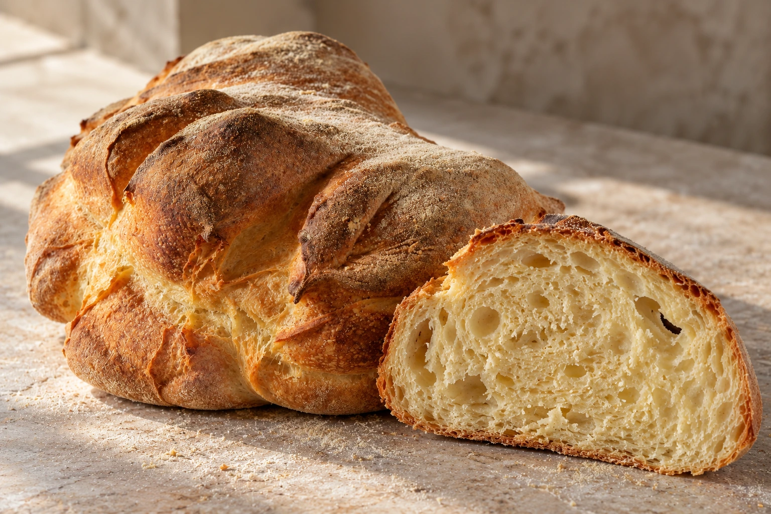 Matera-style semolina loaf with a folded crust and a cut slice.