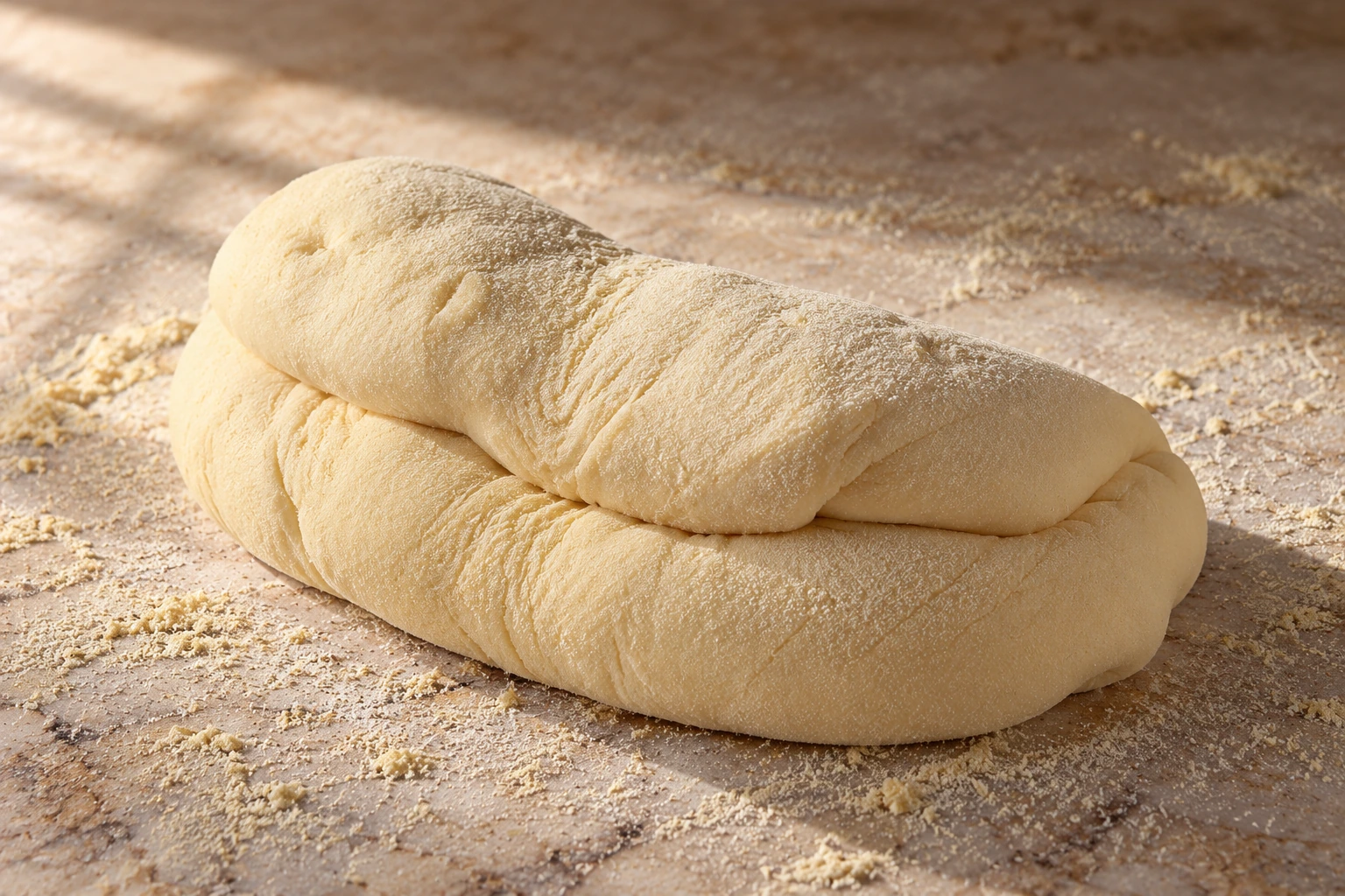 Raw semolina dough after one rolled half is folded over the other.
