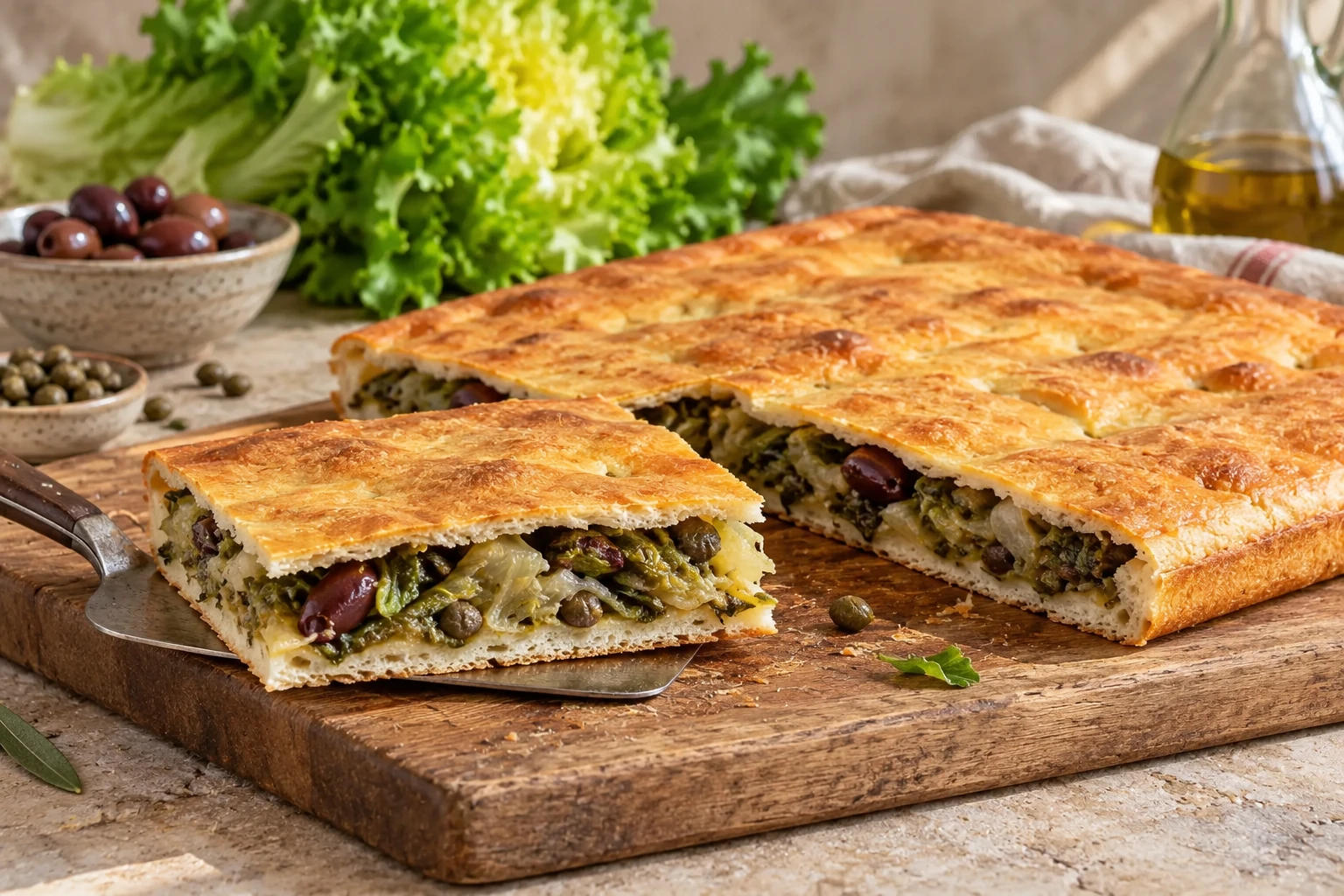 Rectangular escarole pie with a slice showing greens, olives and capers.