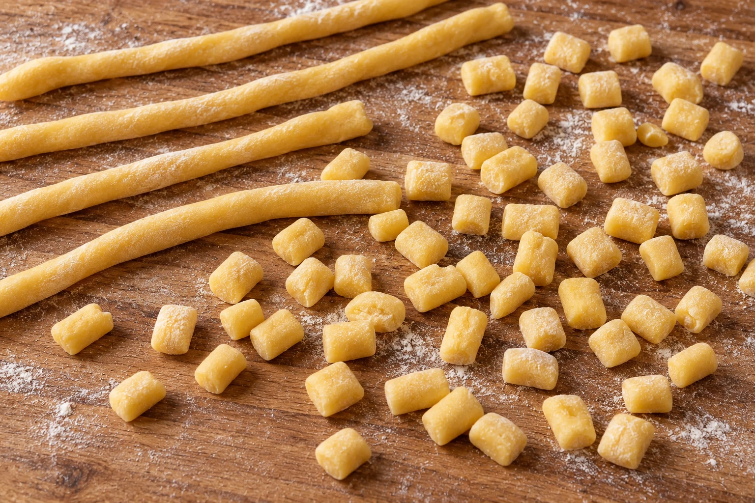 Cordoncini e pezzetti di impasto crudo per la cicerchiata sul tagliere