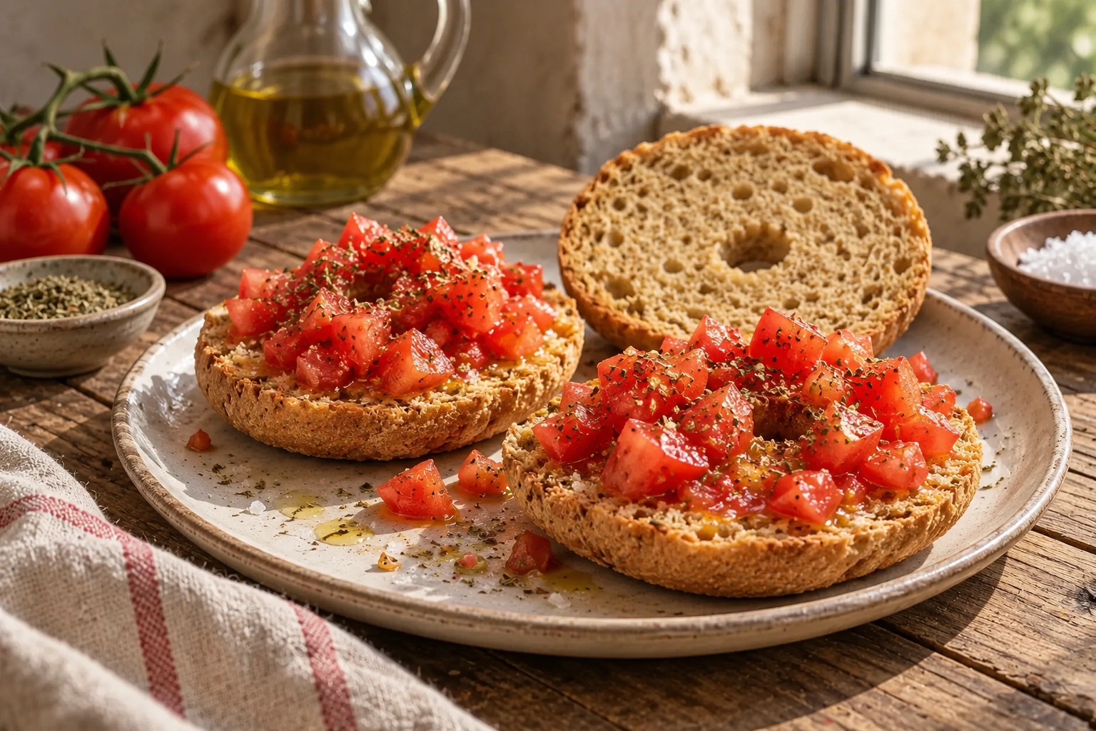 Twice-baked friselle topped with tomato and oregano, beside a plain half.