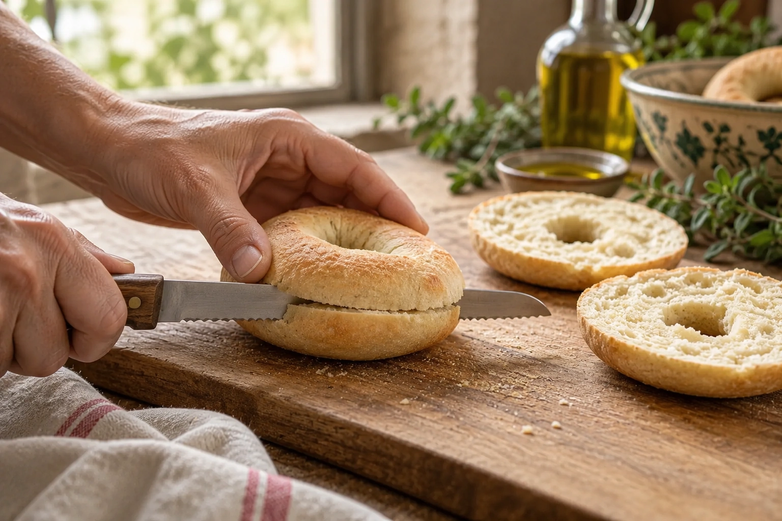 A warm bread ring split horizontally before the second bake.