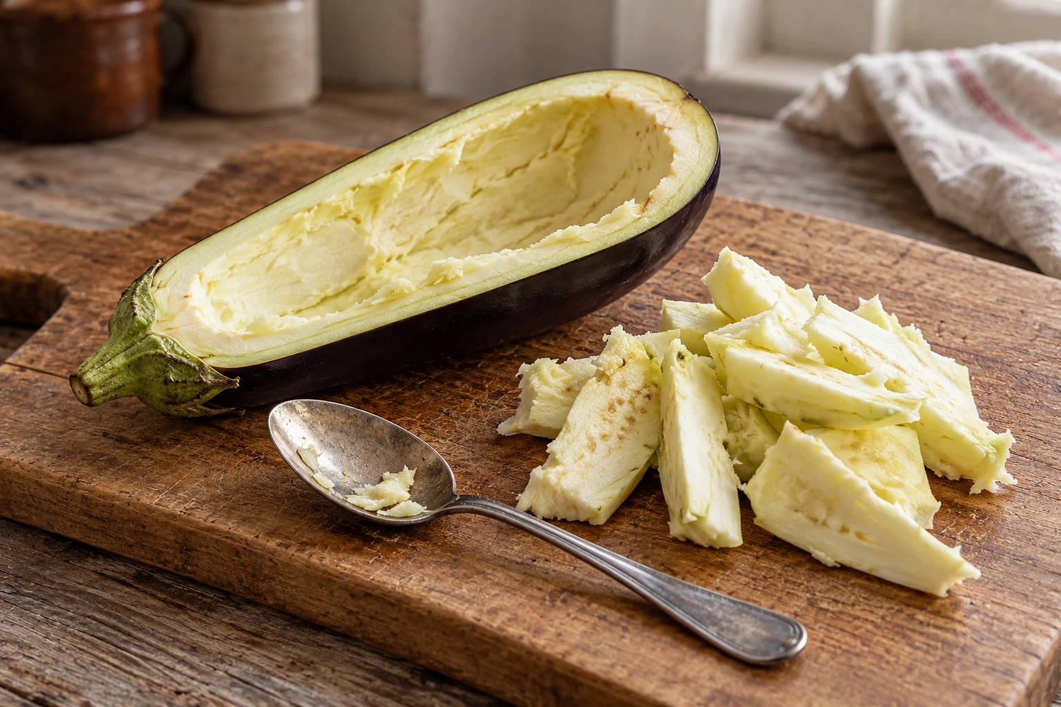 A raw eggplant half with a hollowed pale rim, removed flesh and a spoon on a wooden board.