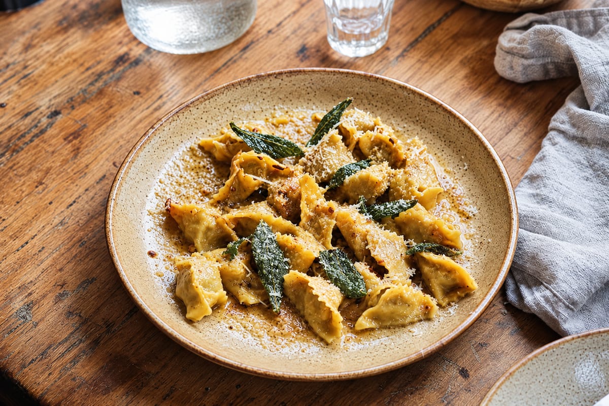 Agnolotti del plin in brown butter on a stoneware plate, crisped sage leaves and a dusting of grated cheese over the little pinched parcels.
