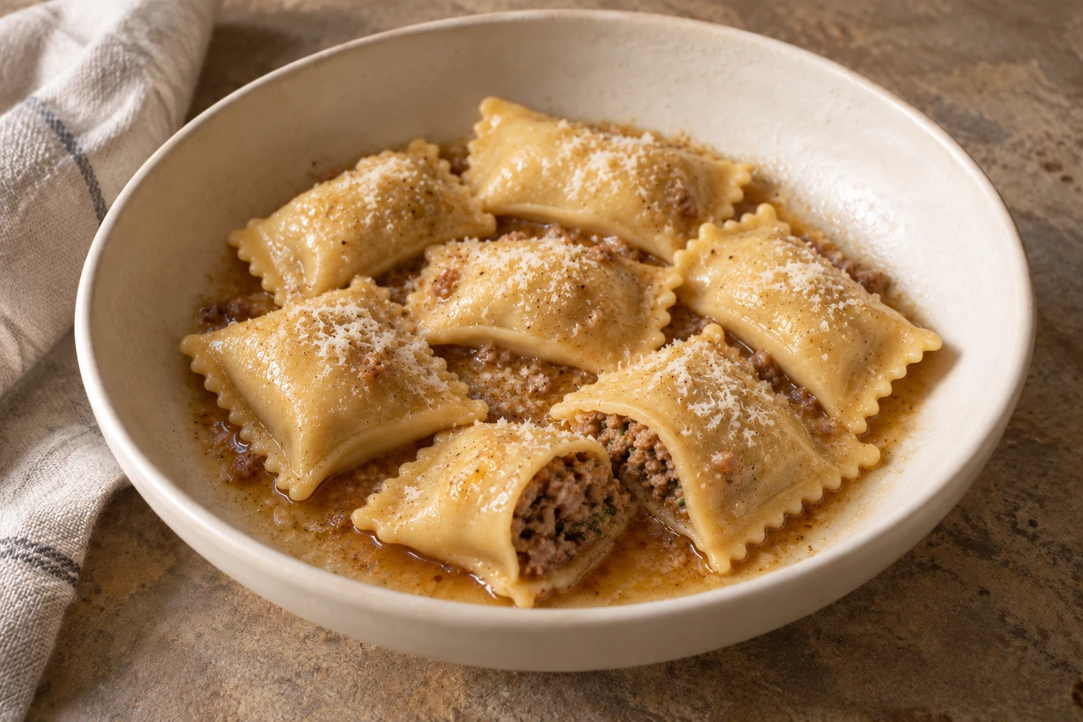Folded agnolotti with scalloped edges, butter, grated cheese and meat juices.