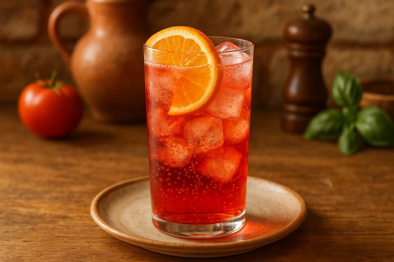 An Americano Highball served tall, scarlet Campari and sweet vermouth lengthened with tonic water over stacked ice and finished with an orange wheel.
