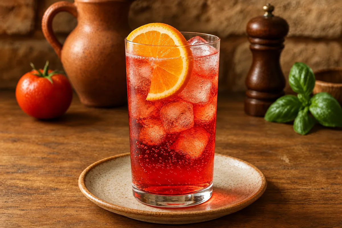 An Americano Highball served tall, scarlet Campari and sweet vermouth lengthened with tonic water over stacked ice and finished with an orange wheel.