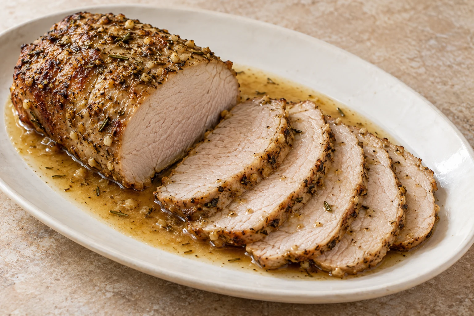 Thin slices of arista pork loin with garlic, rosemary and pan juices
