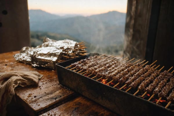 Arrosticini packed in rows over a narrow bed of embers at dusk, fat glistening on the skewers, a foil-wrapped bundle keeping the first round warm.
