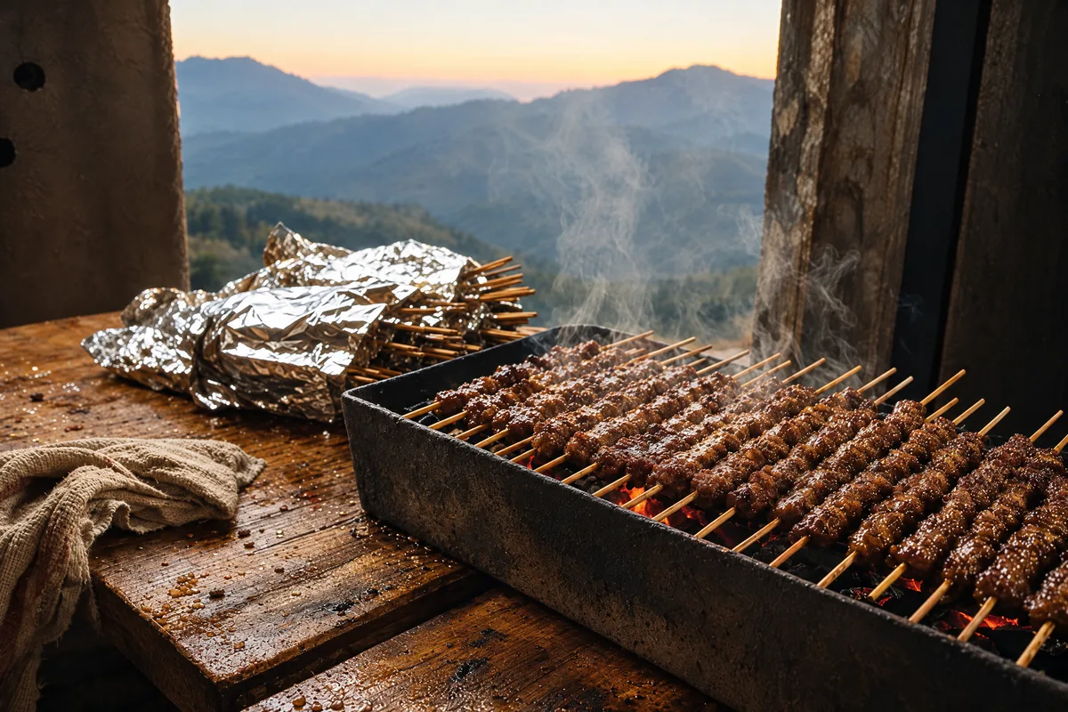 Arrosticini packed in rows over a narrow bed of embers at dusk, fat glistening on the skewers, a foil-wrapped bundle keeping the first round warm.