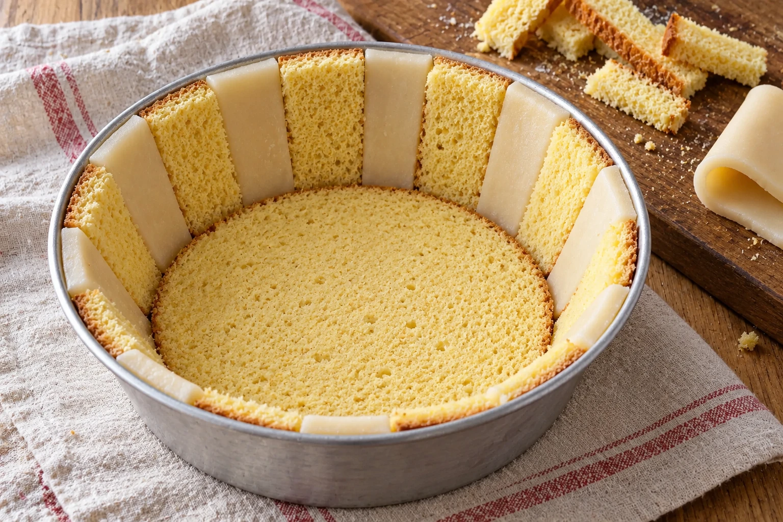 A cassata mold lined with alternating sponge and pale marzipan panels and a sponge base.