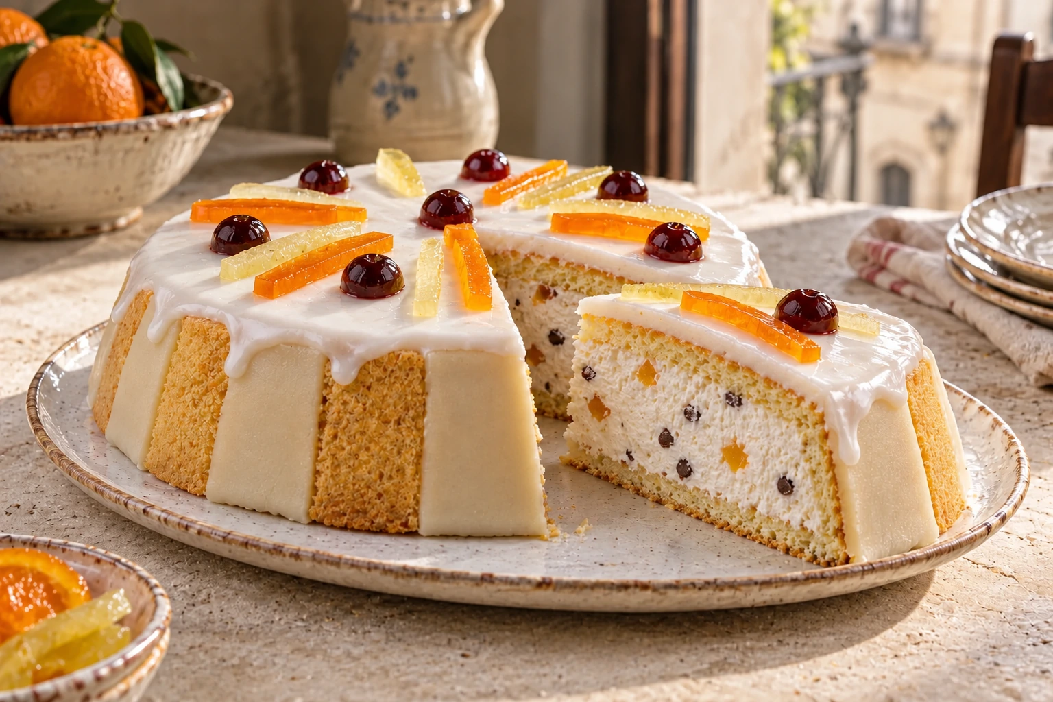 A sliced pale cassata with ricotta filling, chocolate and candied fruit.