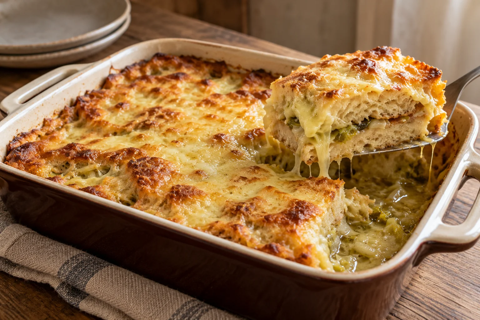 Seupa à la Vapelenentse with golden Fontina and a lifted portion showing the bread layers.