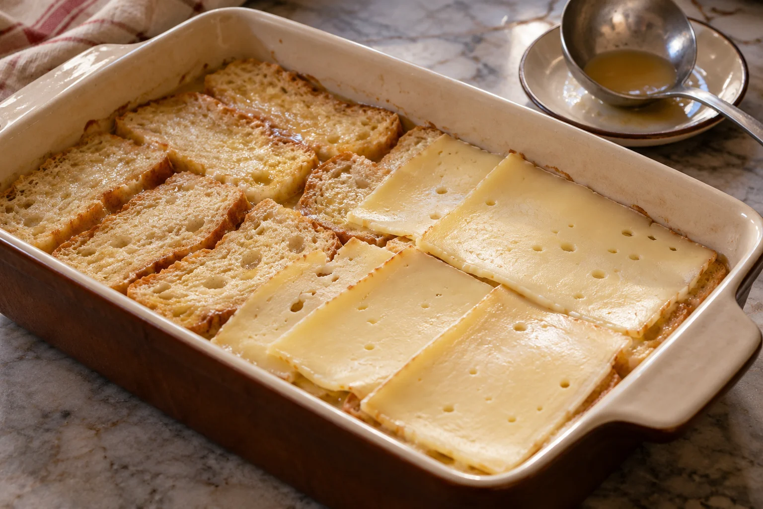 Pane e fette sottili di Fontina nella pirofila con il brodo che inumidisce gli strati