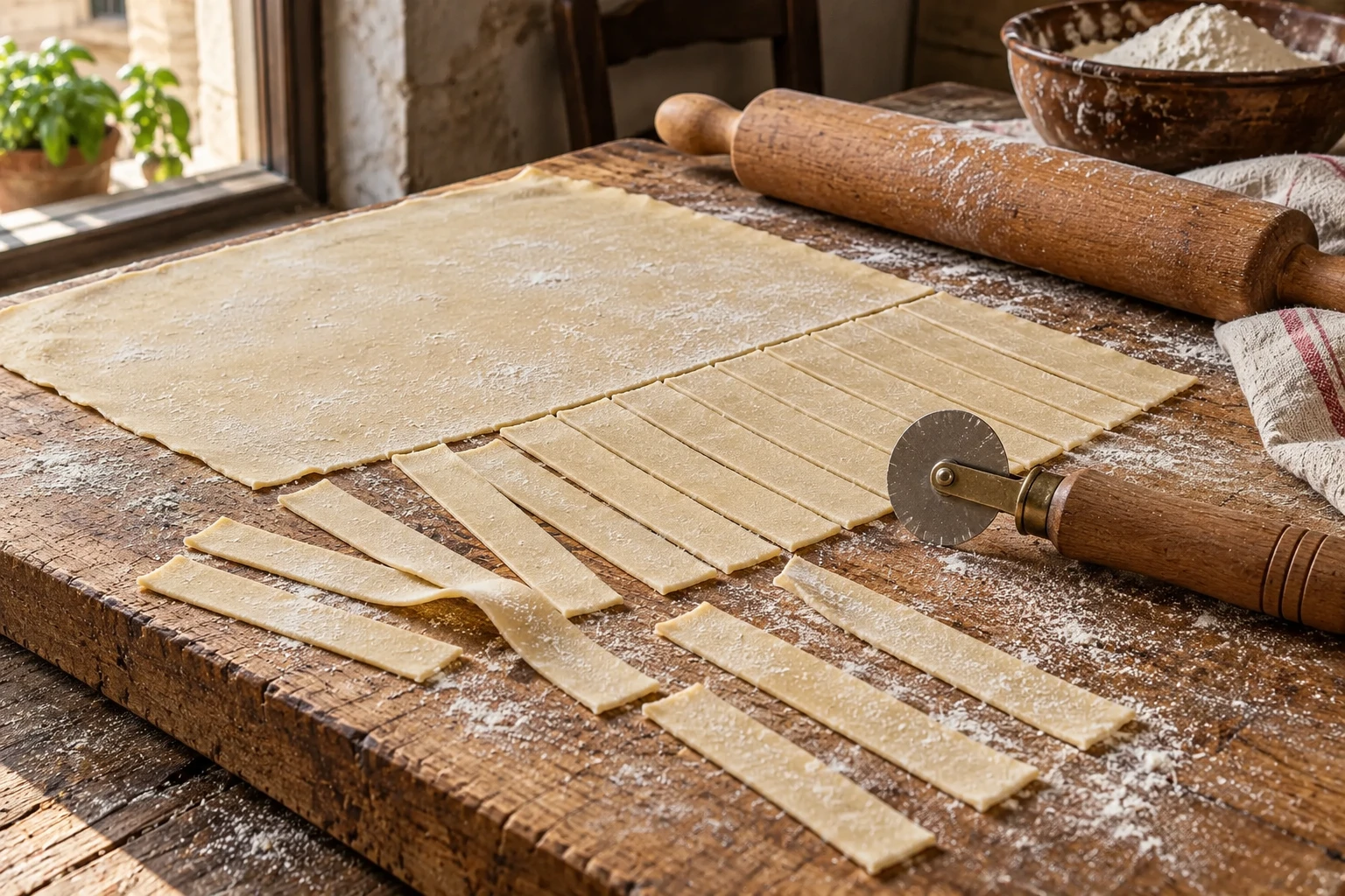 Short flat lagane cut from a thin pale dough sheet, with a smooth pastry wheel resting on the wooden board.