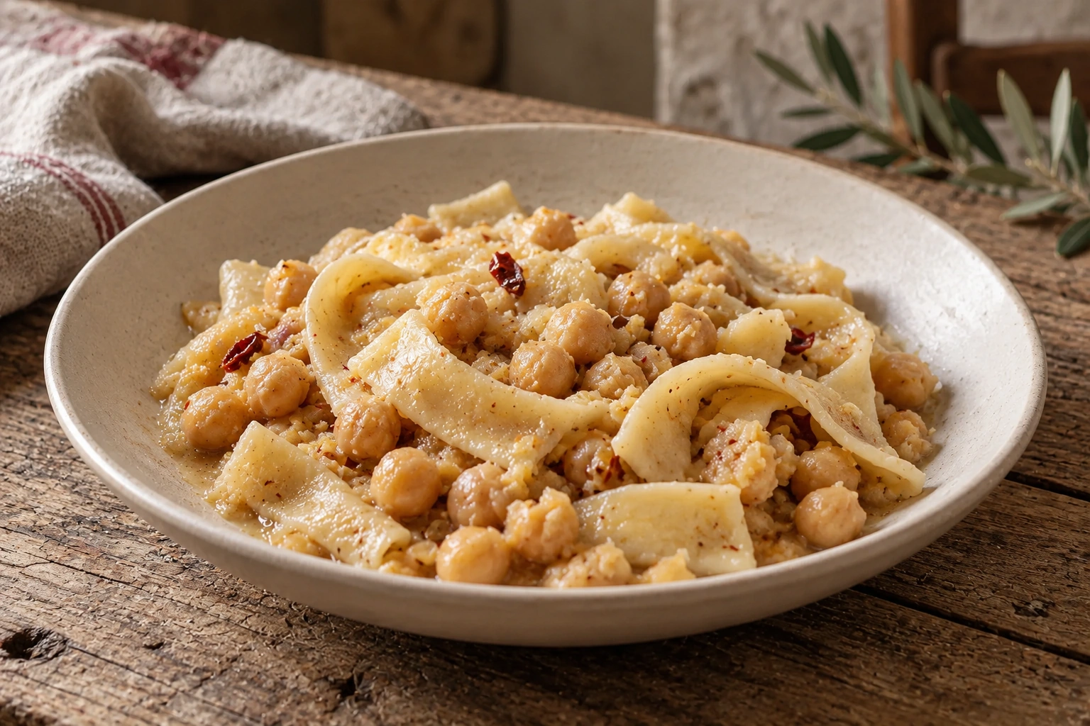 Broad handmade lagane with chickpeas in a light coating of cooking liquid and olive oil.