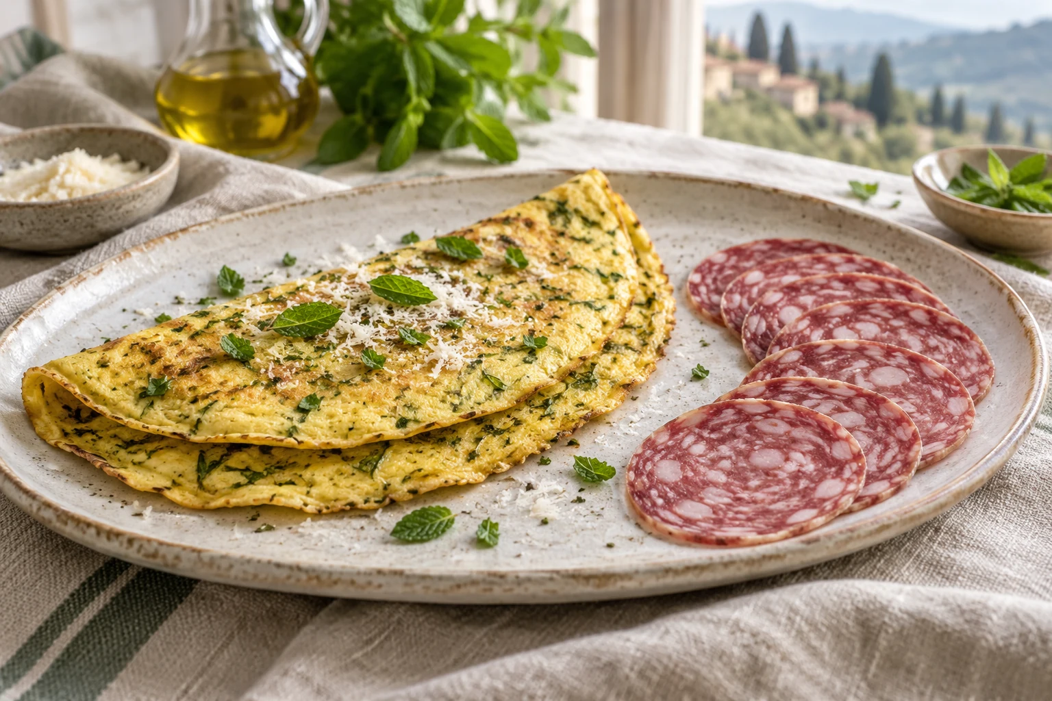 Cold mint frittata with slices of Salame Brianza