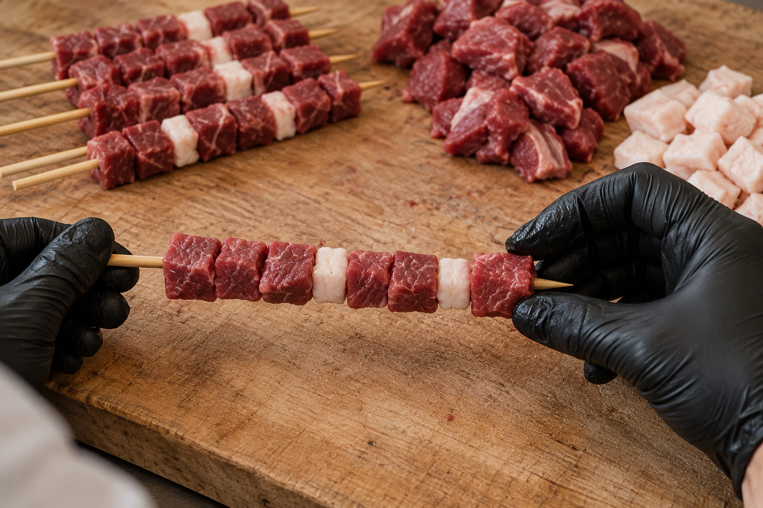 Gloved hands threading raw meat and occasional pieces of fat onto a skewer.