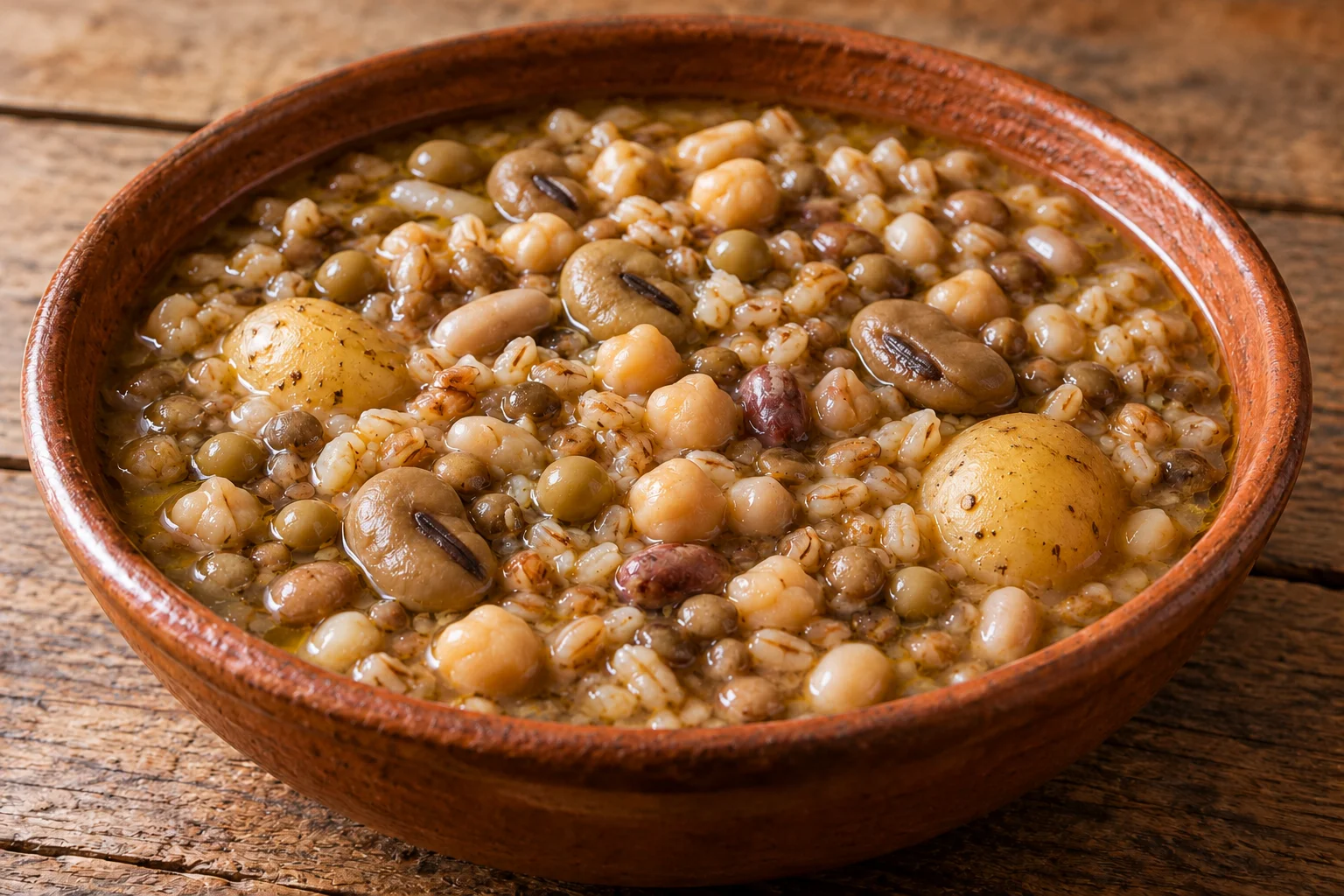 Crapiata materana with mixed legumes, grains and small potatoes