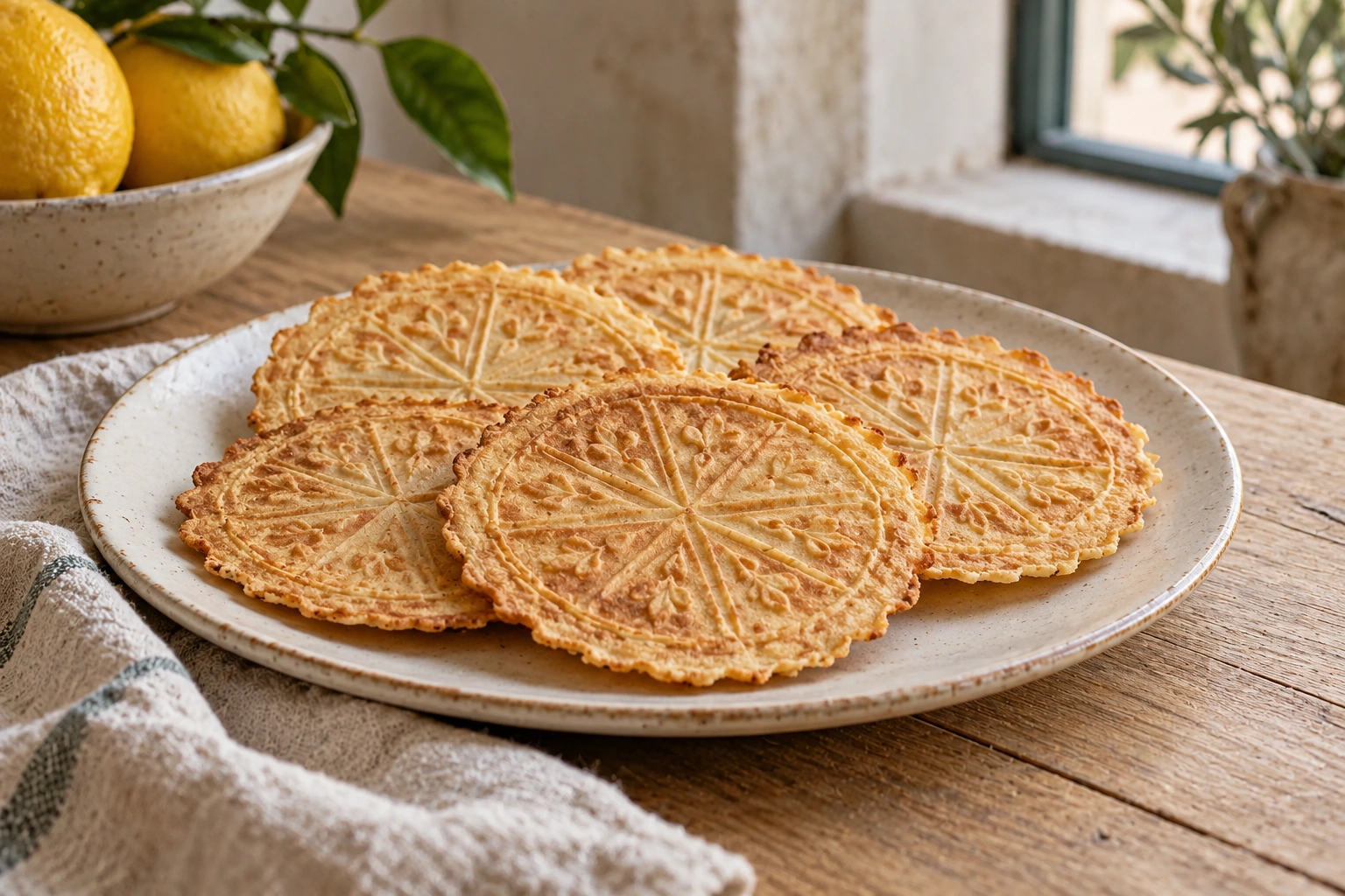 Thin golden ferratelle with a shallow decorative pattern.