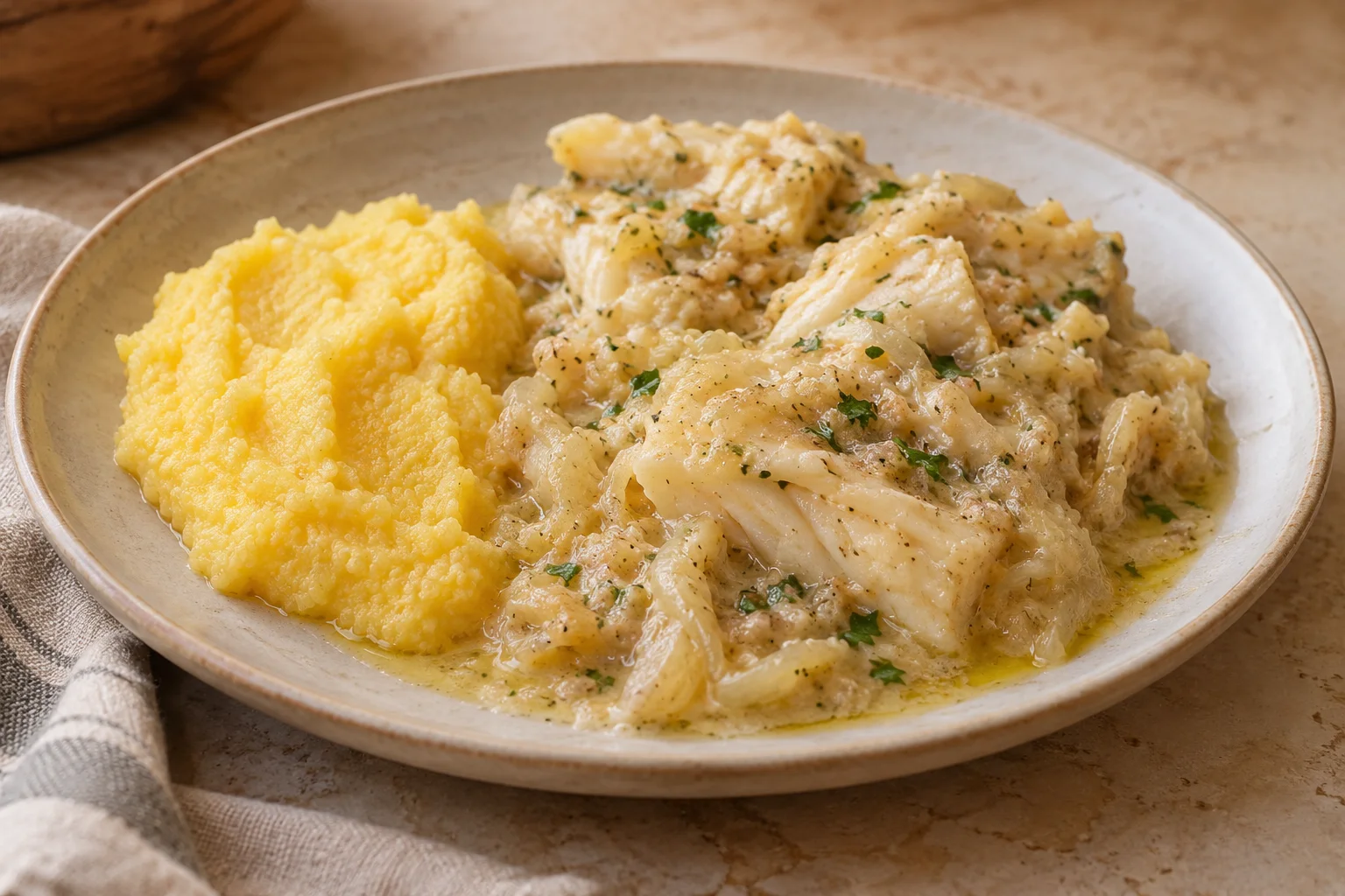 Vicenza-style stockfish with a creamy onion sauce and soft polenta