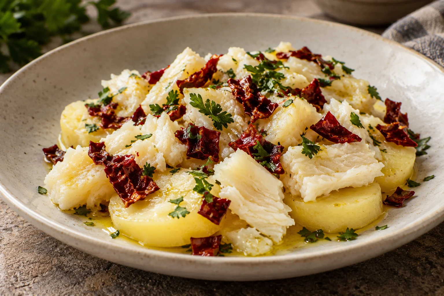 Salt cod and potato slices with crisp Senise peppers and parsley