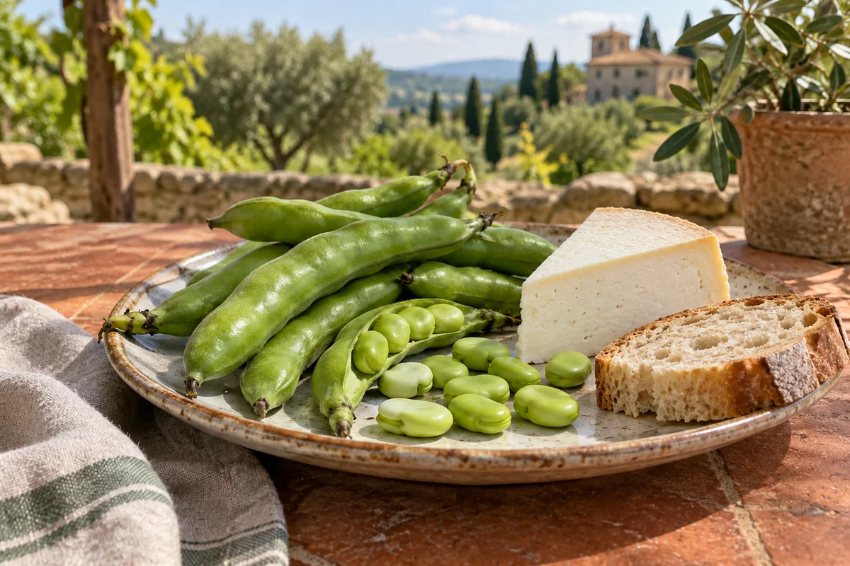 Fresh fava beans and pods with young pecorino and bread on a ceramic platter.