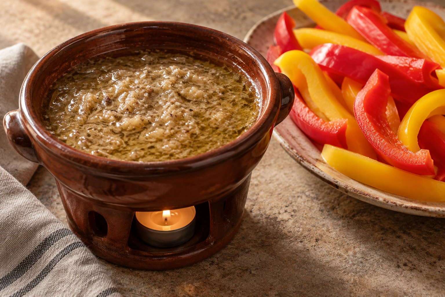 Warm bagna cauda in an earthenware warmer beside raw red and yellow pepper strips.