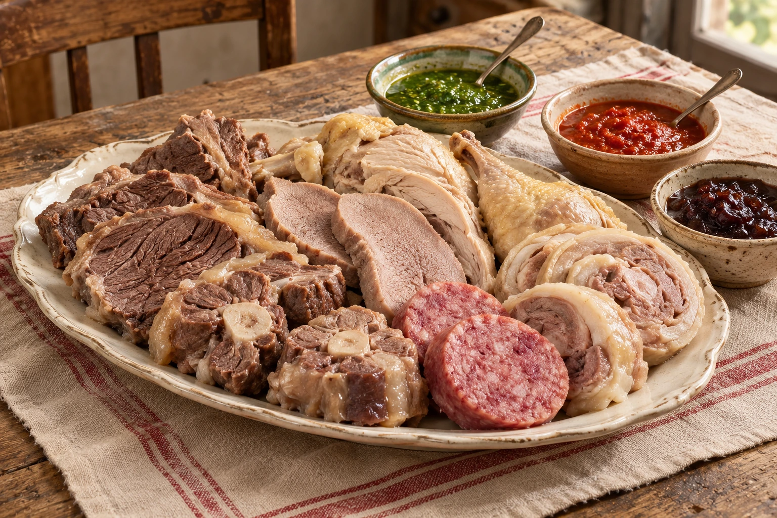 Boiled meats with three sauces.