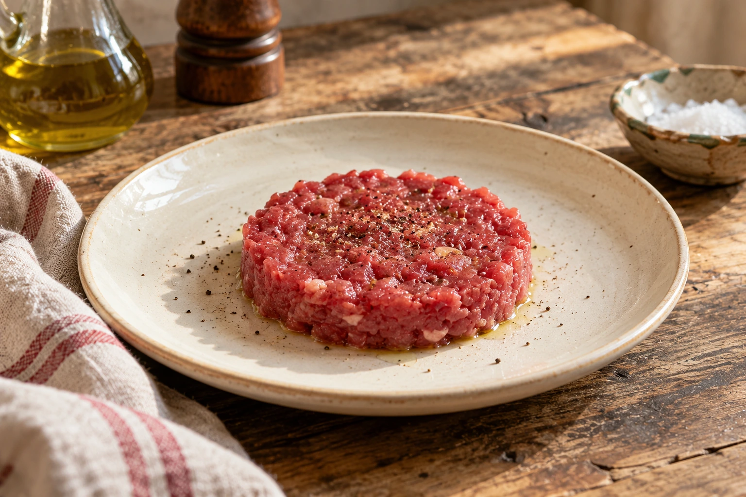 Finely chopped raw veal on a ceramic plate.