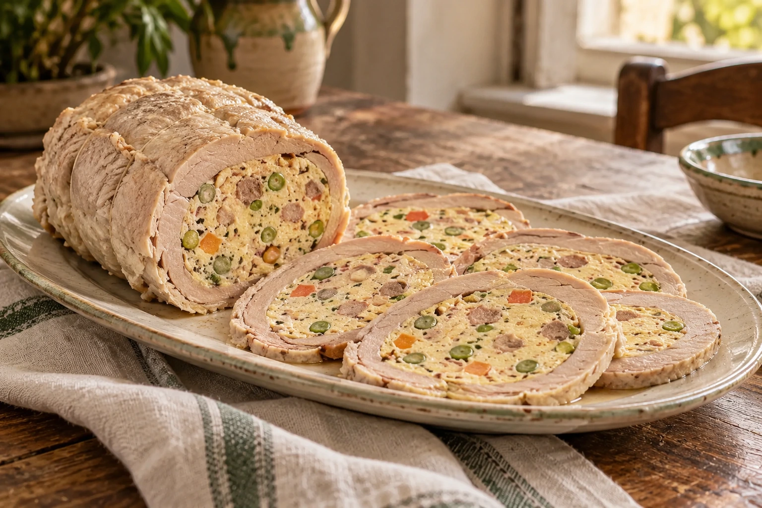 Sliced cima with set egg filling, peas and small meat pieces.