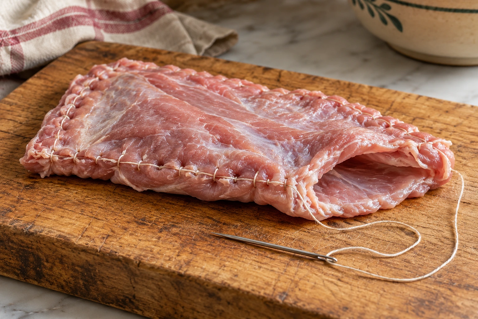 Empty veal pocket with stitched edges and a resting needle.