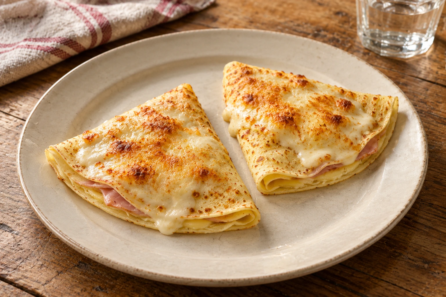 Two quarter-folded ham and Fontina crepes with béchamel and a lightly golden surface.
