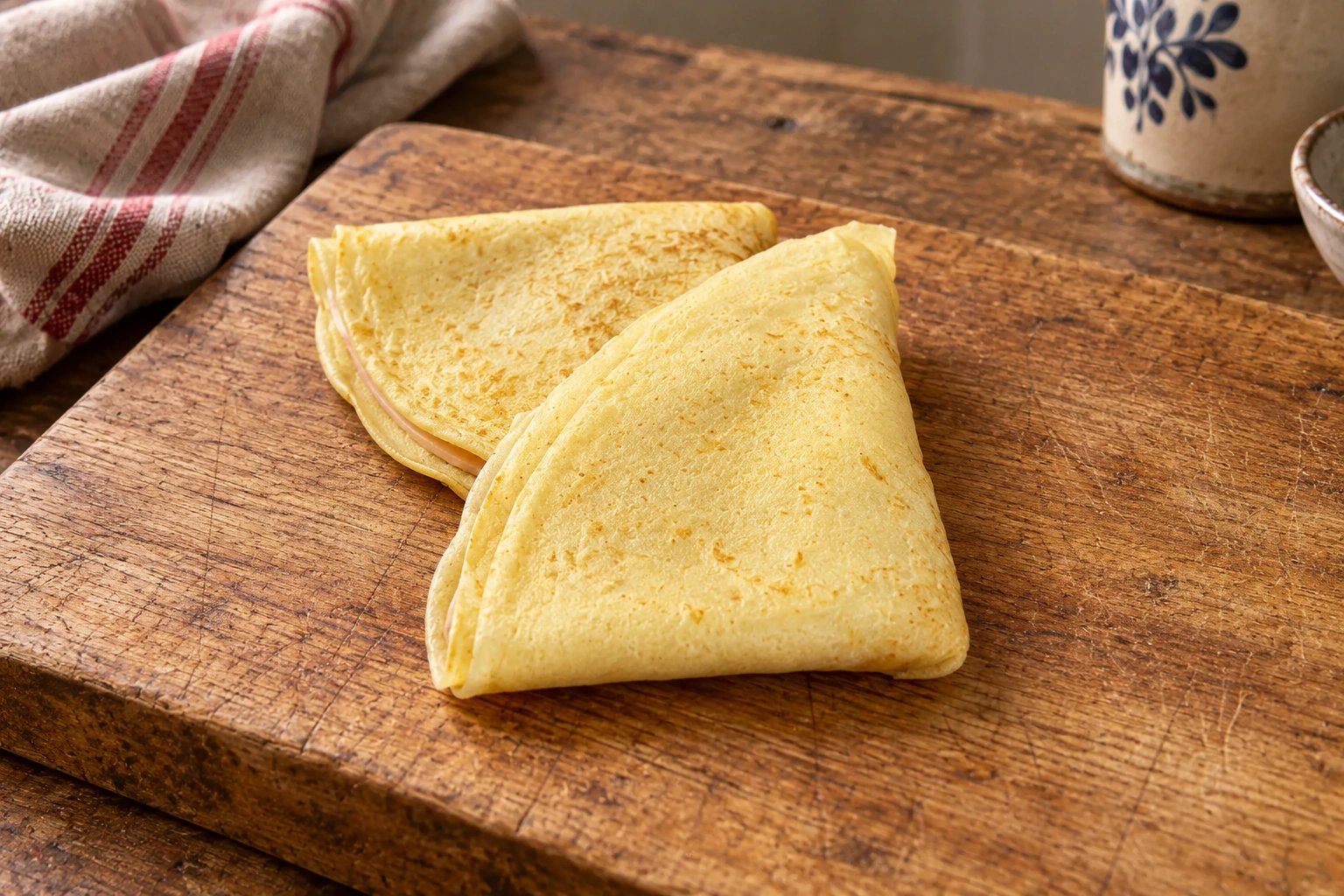 Thin crepes folded into quarters on a wooden board.