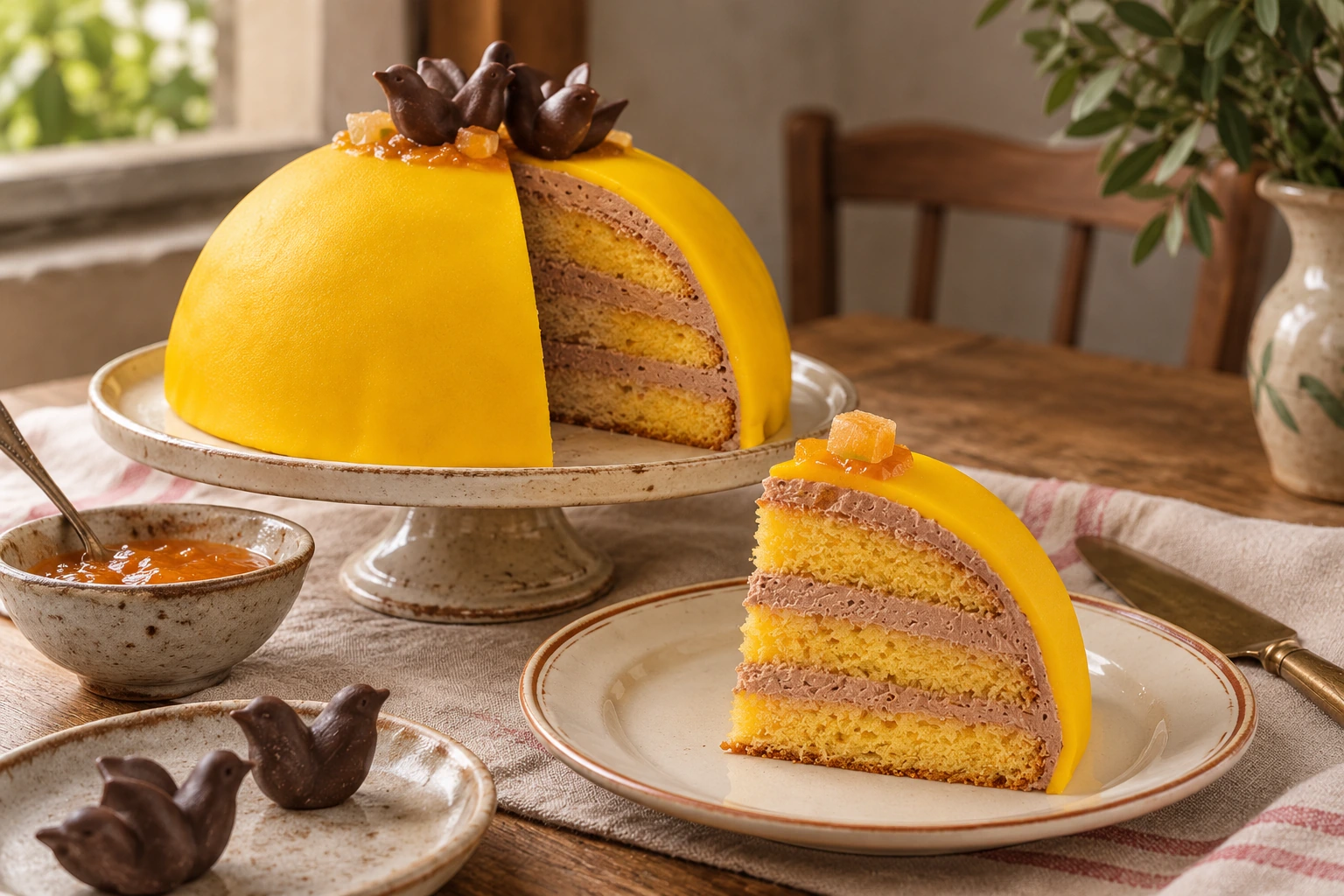 Yellow marzipan dome cake with cocoa cream layers and chocolate birds.