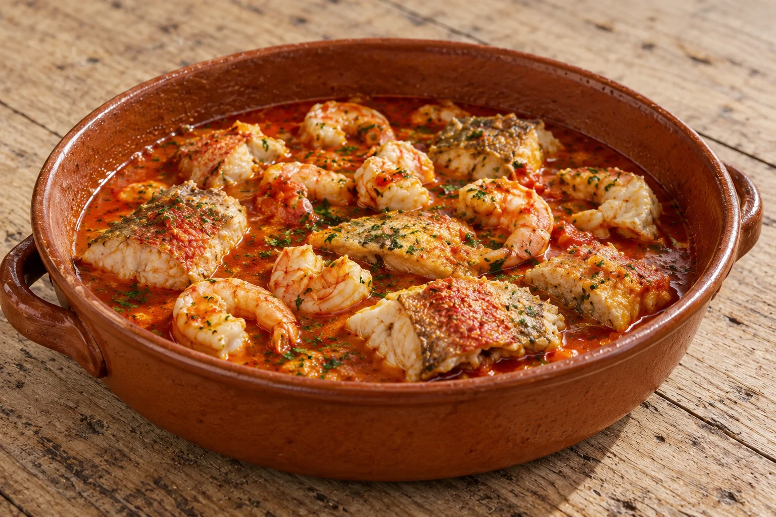 Romagna fish brodetto with shrimp tails in tomato broth