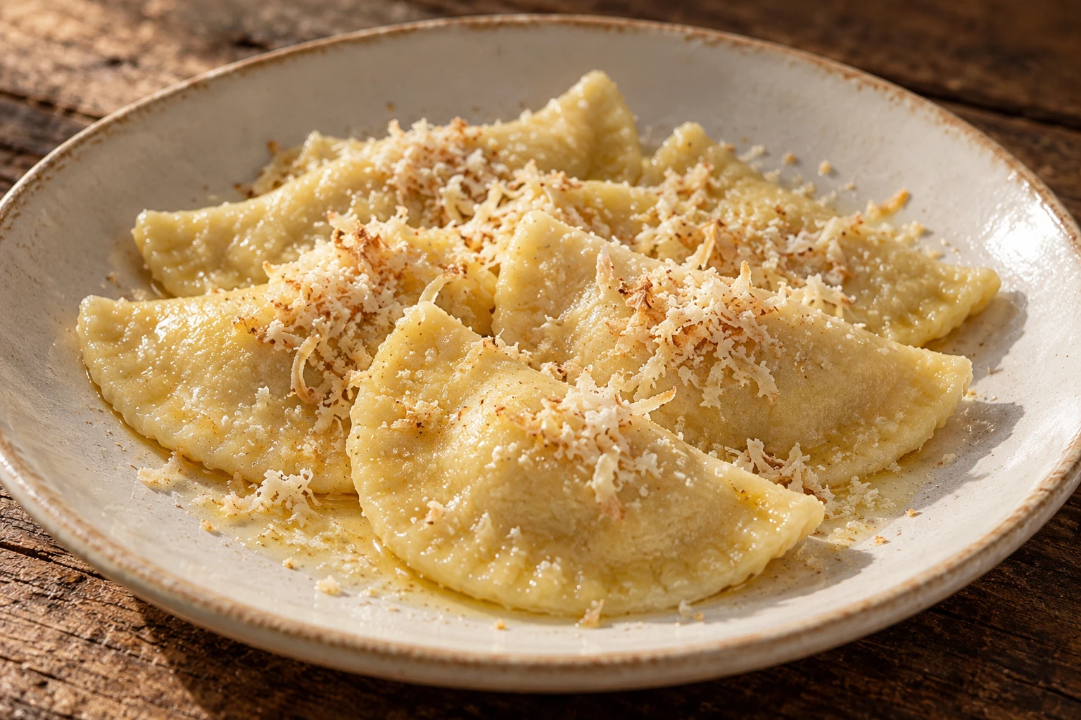 Half-moon Gepichta Kropfn with butter and grated smoked ricotta