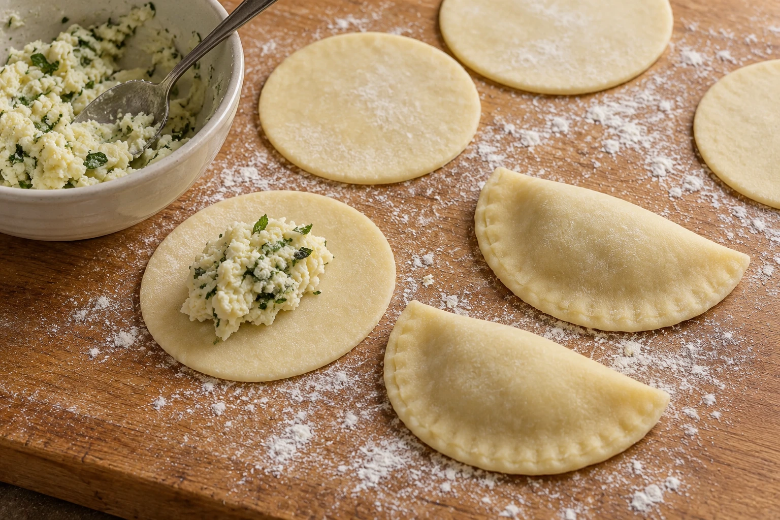 Potato dough discs, ricotta filling and two sealed half-moons on a floured board.