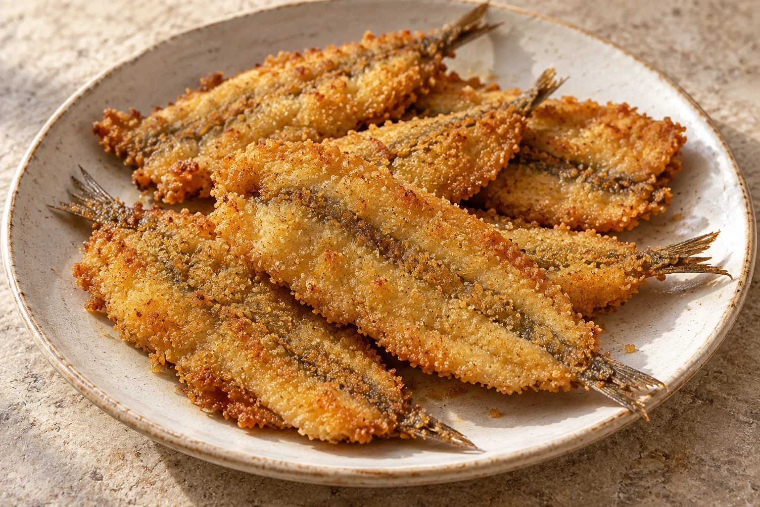 Breaded butterflied sardoni on a ceramic plate