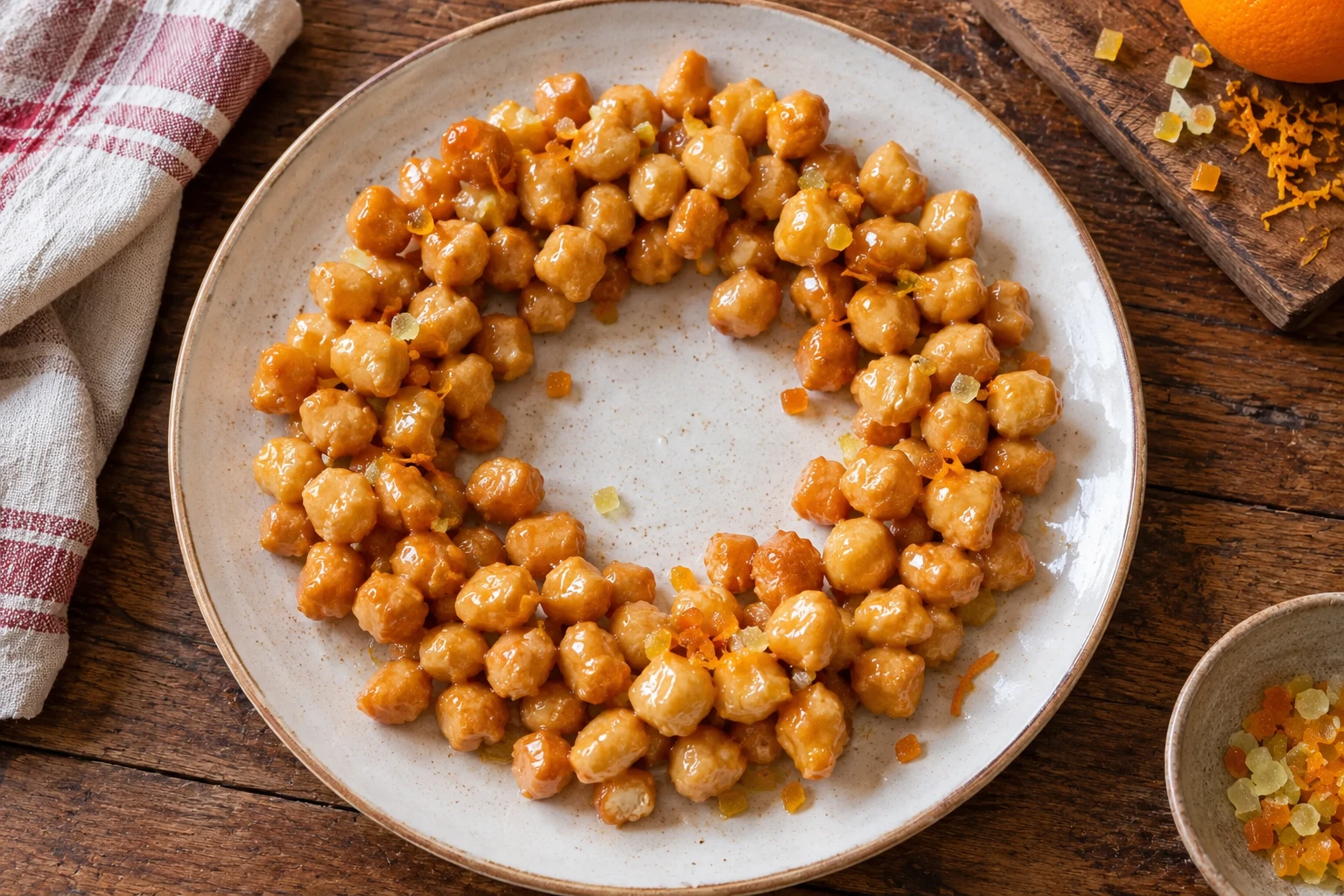 Cicerchiata ring with small irregular honey-coated fried pieces