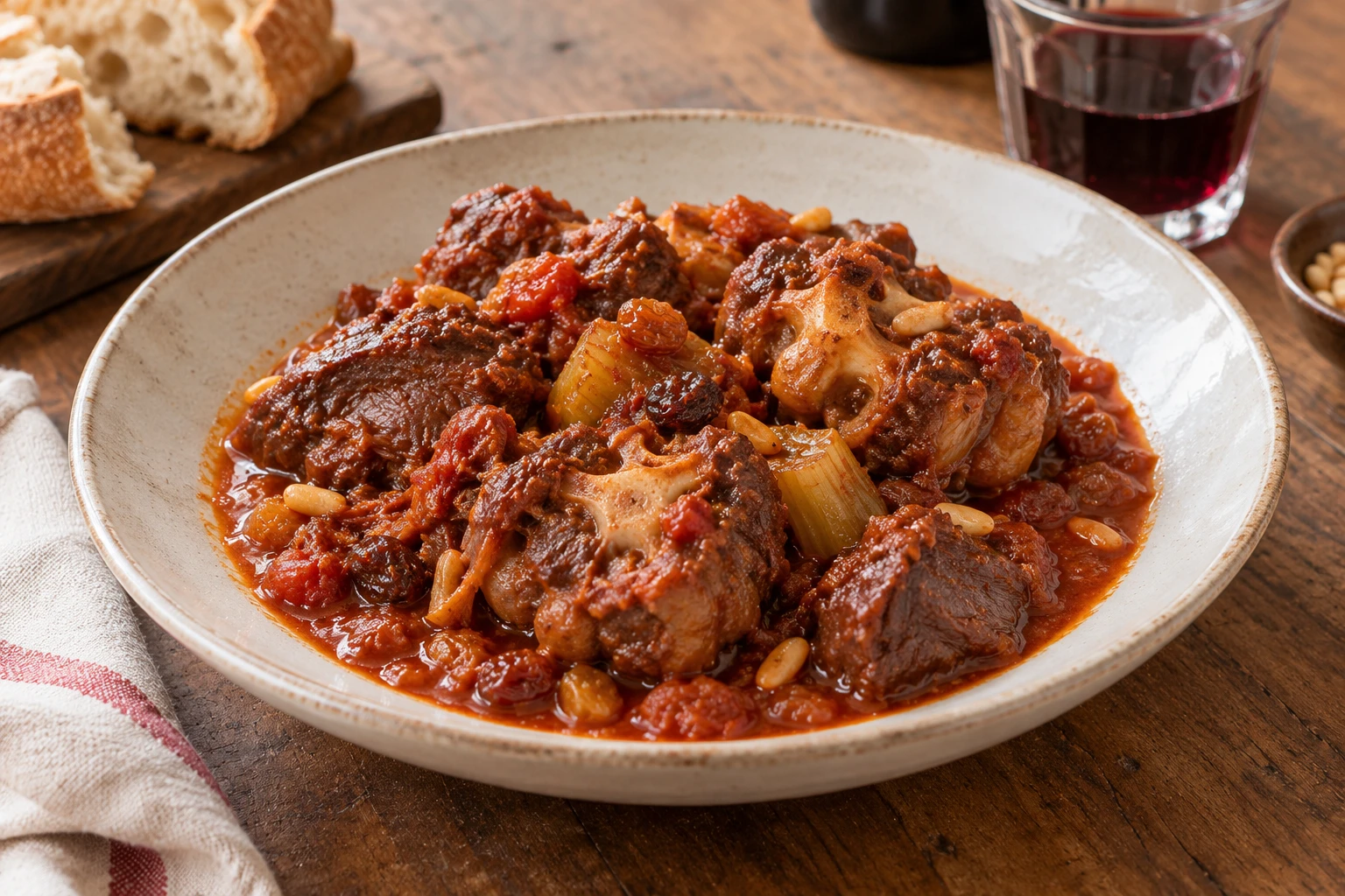 Compact bone-in oxtail sections with celery in tomato sauce
