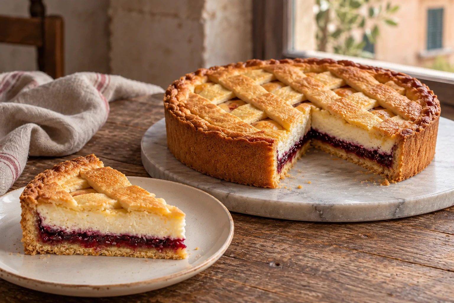 Lattice ricotta and visciole tart with a cut slice showing the layers